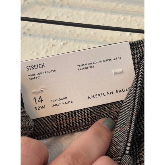 American Eagle Womens Wide Leg Stretch Trousers Size 14 32W High-Rise Gray Plaid - Picture 6 of 10